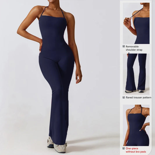 Women Sleeveless Yoga Jumpsuit Female Gym Flared Overalls Neck-Hanging Backless Sportswear Sport Outfit for Woman