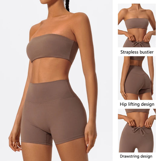 Two Piece Fitness Sports Set Women Workout Yoga Outfit Strapless Bra Woman 2Ps Gym Crop Top Deportivos Mujer Gym Suits