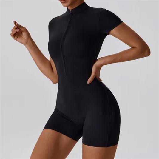 European and American Nude One-Piece Yoga Suit with Stand up Collar, Half Zipper, Short Sleeved Fitness Jumpsuit, Tight Fitting