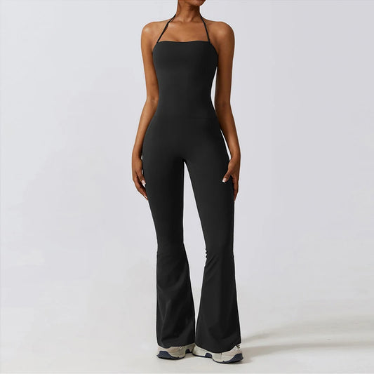 Women Sleeveless Yoga Jumpsuit Female Gym Flared Overalls Neck-Hanging Backless Sportswear Sport Outfit for Woman